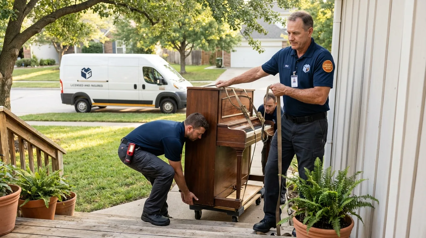Licensed piano movers securing grand piano in Corinna, ME
