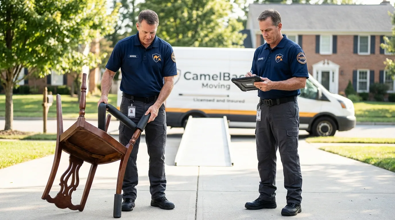 Movers inspecting furniture for damage prevention before loading in Corinna, ME
