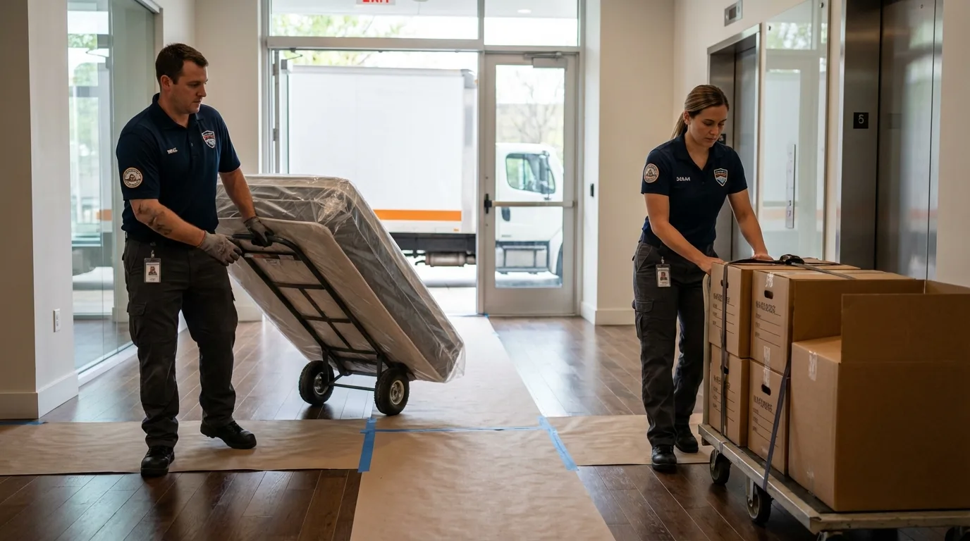 Professional apartment movers loading elevator in Corinna, ME