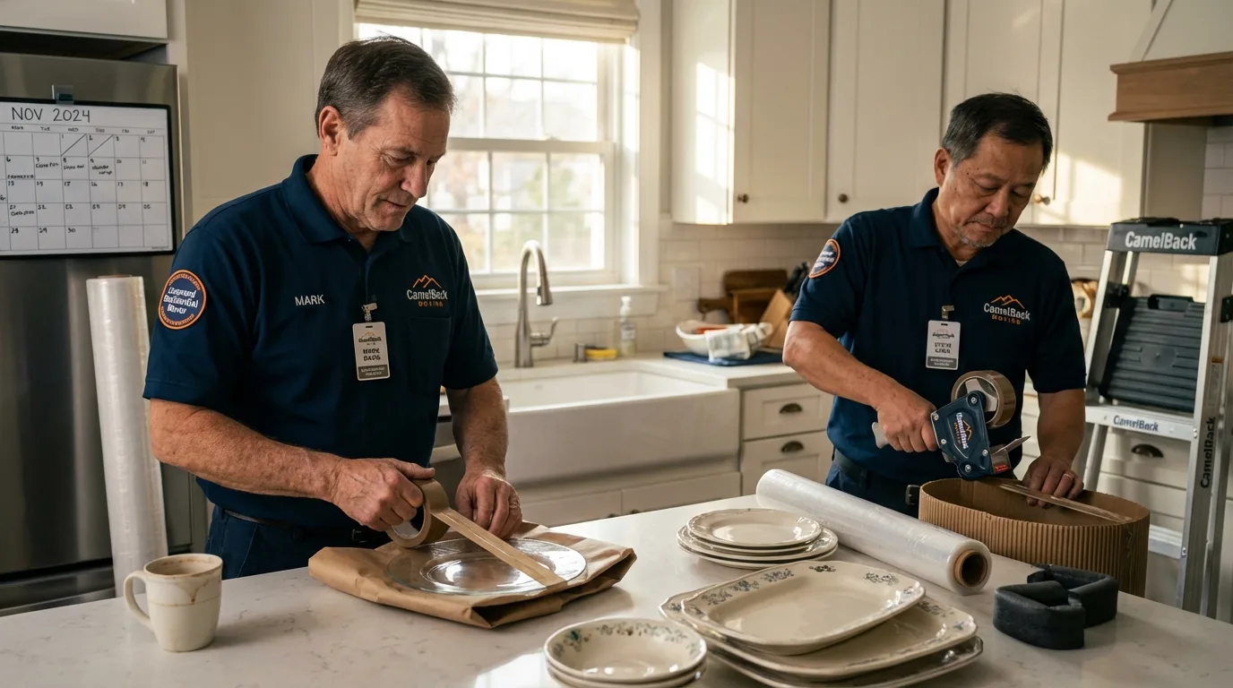 Professional crew packing kitchen dishware in Corinna, ME